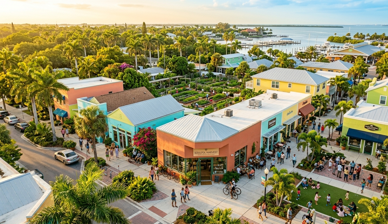 Aerial view of a diverse Florida neighborhood — Black-owned businesses across Orlando, Miami, Tampa, Jacksonville