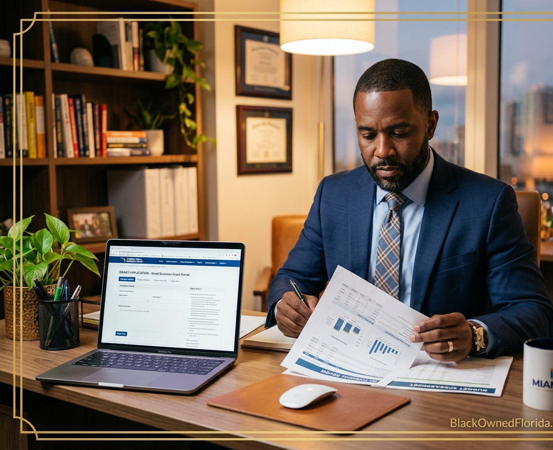 Black male business owner reviewing grant application documents — Florida Black Business Hub
