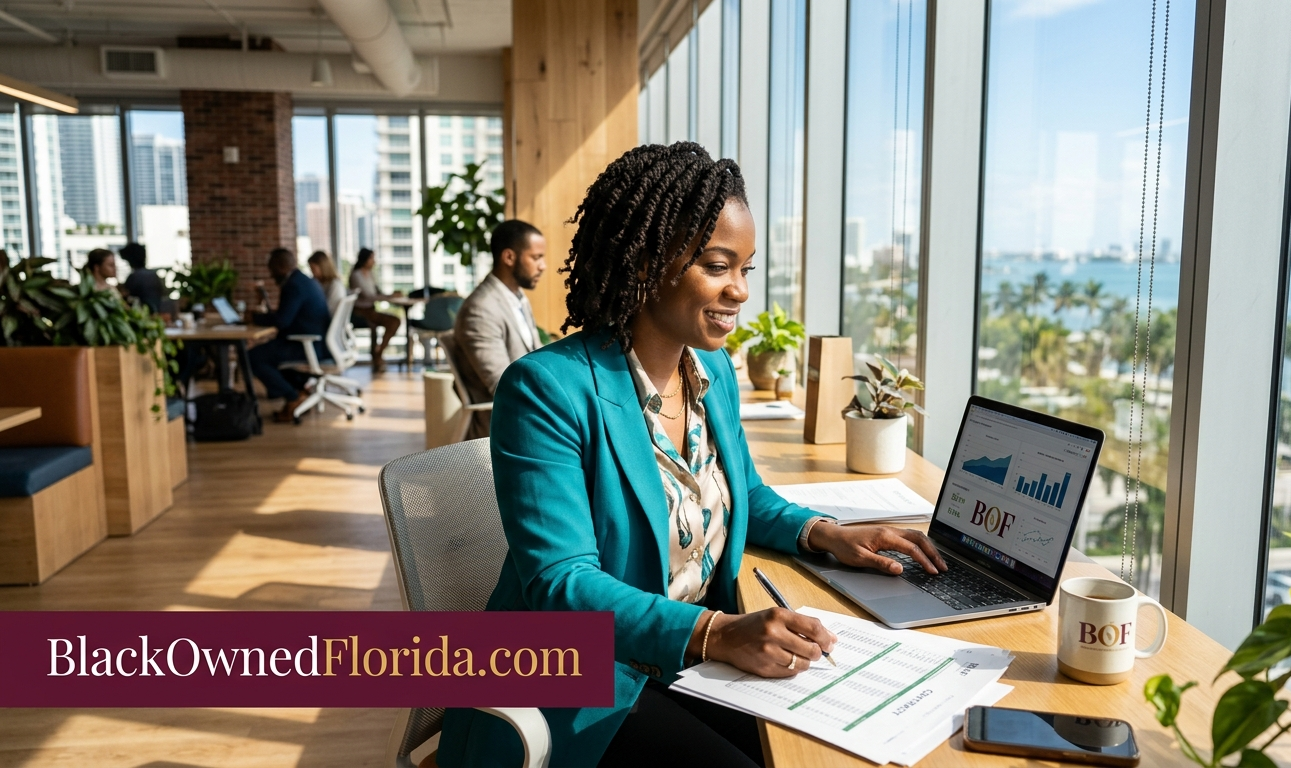 Black woman entrepreneur working in a bright Florida co-working space — representing Florida's thriving Black business community