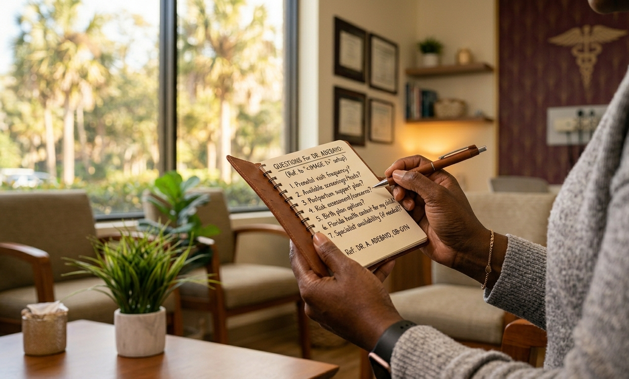 Black doctor and patient conversation in Orlando — questions to ask your OB-GYN before the first appointment