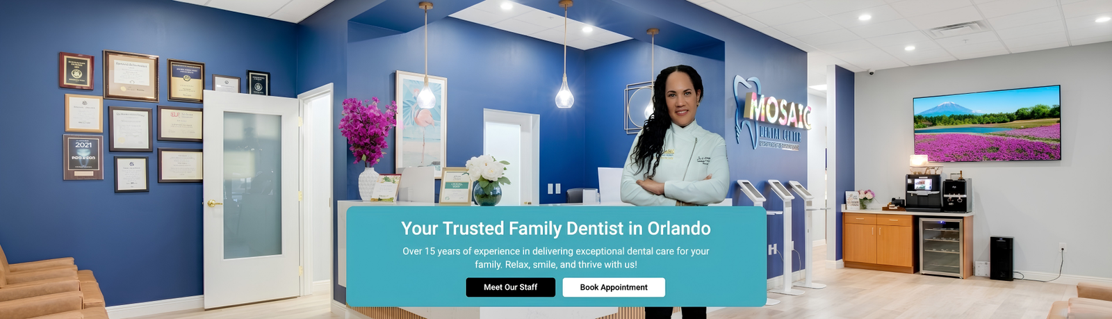 Mosaic Dental Center reception area in Orlando, Florida, featuring Dr. Sonia Simmonds